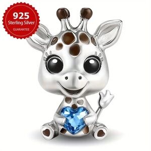 🦒New! 925 Sterling Silver Giraffe w Blue Heart Gemstone Charm + Gift Bag